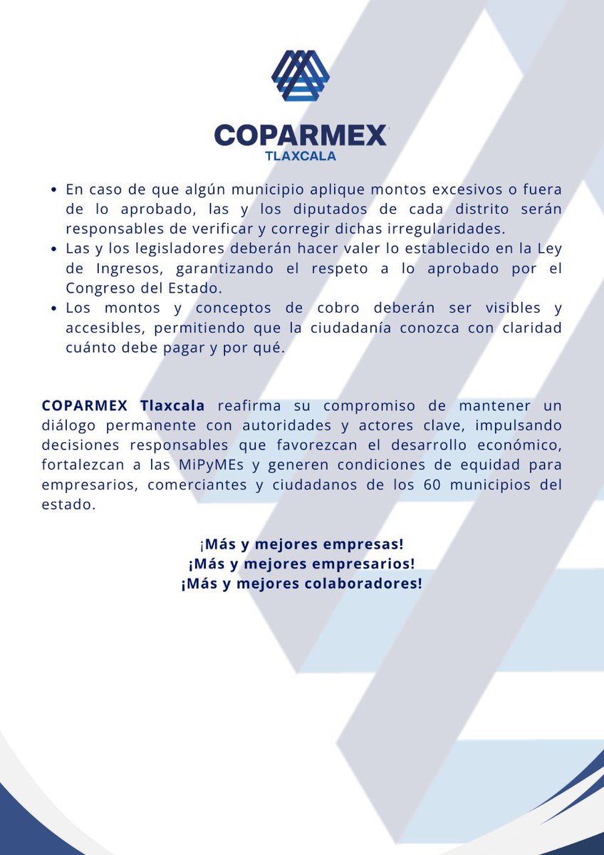 #Comunicado 

Desde COPARMEX Tlaxcala abrimos el diálogo en torno a la Ley de Ingresos 2026, logrando acuerdos que brindan certeza, estabilidad y transparencia para empresarios, comerciantes y ciudadanía en los 60 municipios del #estado.