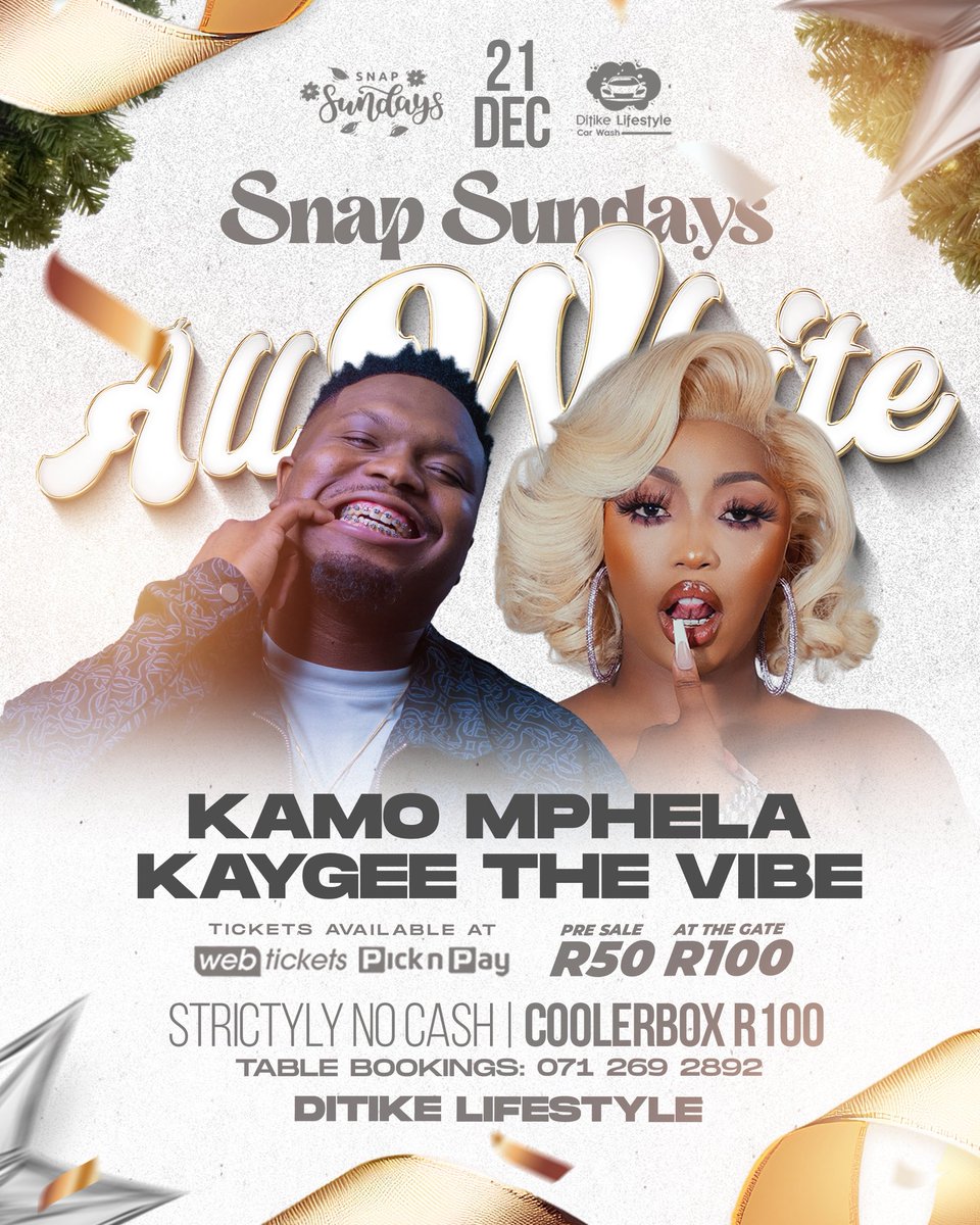 It’s an ALL WHITE AFFAIR!!!

Purchase your ticket on the link below ⬇️ 

webtickets.co.za/performance.as…

More artists loading….