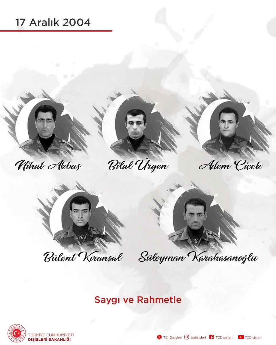 17 Aralık 2004 tarihinde Musul’daki menfur terör saldırısında şehit olan Güvenlik Ataşelerimiz Nihat Akbaş, Bilal Ürgen, Adem Çiçek, Bülent Kıranşal ve Süleyman Karahasanoğlu’yu saygı ve rahmetle anıyoruz.  
goo.gl/maps/mrSFcs6KJ…