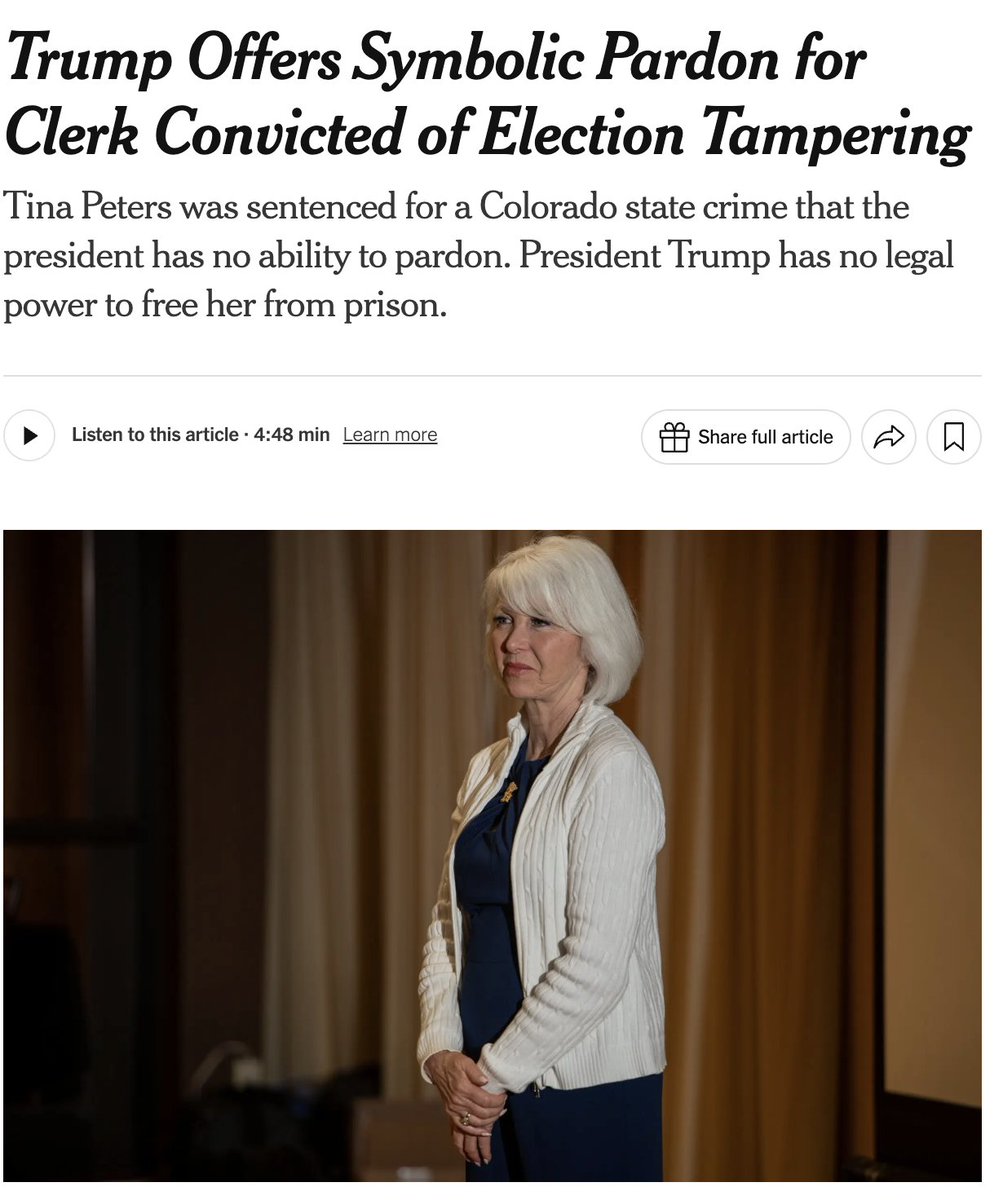 notcapnamerica's tweet image. UPDATE: Trump has pardoned Tina Peters for her role in illegally accessing Dominion voting machines.

Problem? Her crimes were STATE, not federal. So his "pardon" amounts to him walking outside and yelling "Abracadabra" at the clouds. Tina will remain in PRISON.
