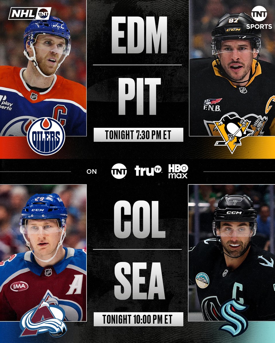 A star-studded NHL on TNT double-header goes down TONIGHT 🌟
@EdmontonOilers vs @penguins // 7:30pm ET
@Avalanche vs @SeattleKraken // 10pm ET