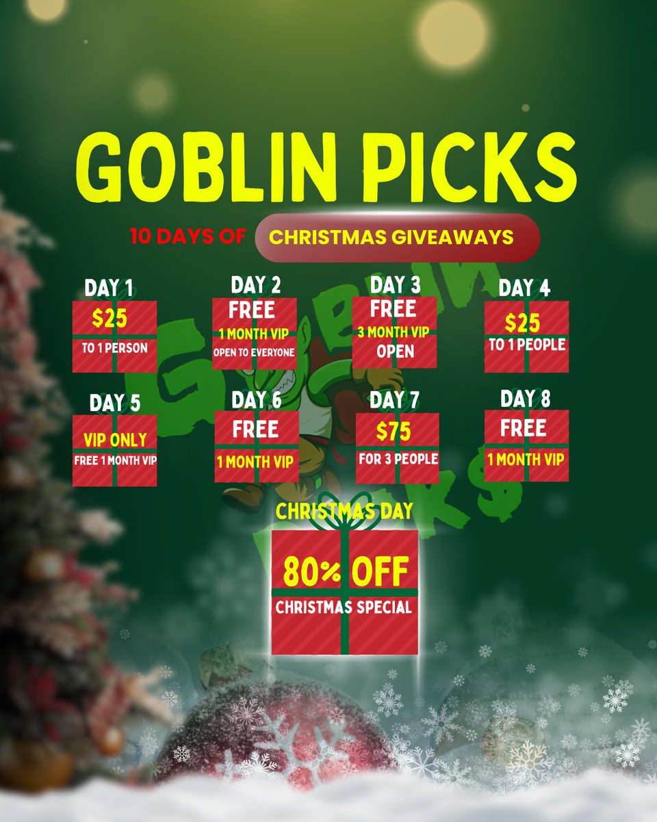 🎄9-Day Christmas GoblinPicks🎄

I’m giving back all week with a DIFFERENT PRIZE everyday as a thank you to everyone supporting

Today’s prize: $25 to 1 person💰

To enter, you must:
LIKE💚
RT🔁 
COMMENT💬

A random bot from will checks ALL 3 actions for you to be eligible to WIN