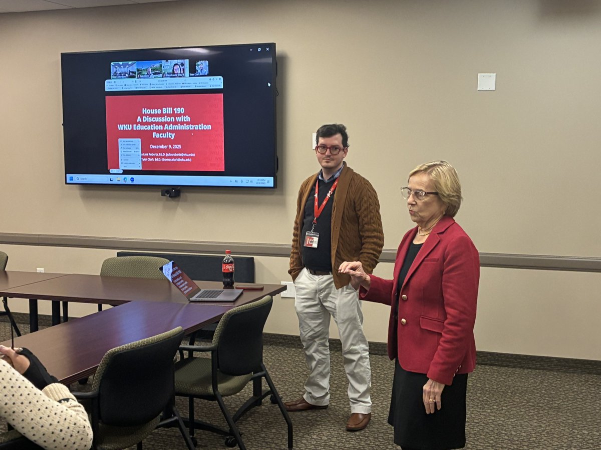 Dr. Julia Roberts and Dr. Tyler Clark from The Center for Gifted Studies joined a meeting of the Education Administration department to discuss House Bill 190 and its implications. We greatly appreciate their insight and willingness to share their expertise with us! <a href="/WKUCEBS/">WKU CEBS</a>