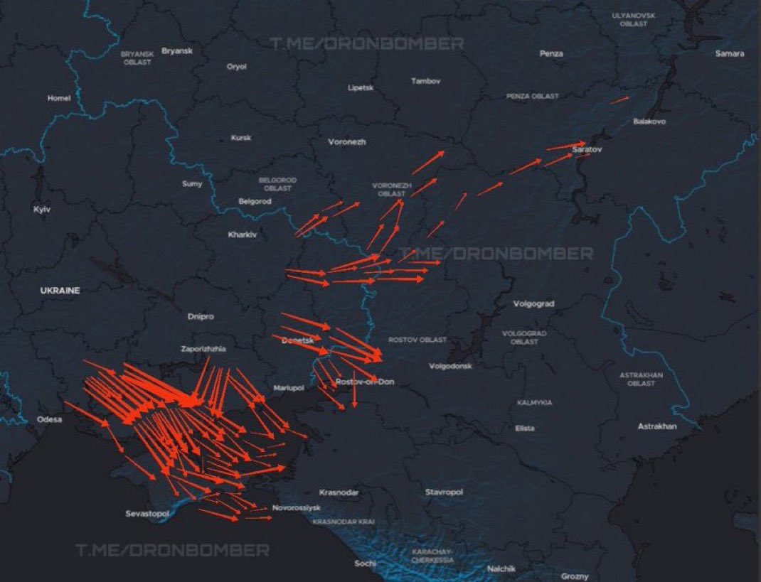 visegrad24's tweet photo. BREAKING:

Ukraine launches another major drone swarm attack against Russia, targeting mainly southern Russia and Russian-occupied Crimea.

Let’s see how many refineries will be hit today https://t.co/0G3dvqkBOt