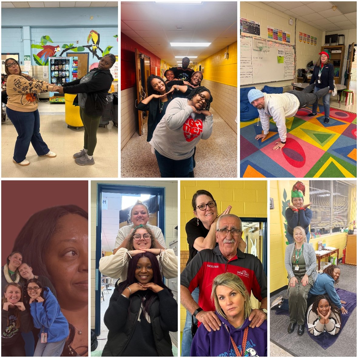 reginasblanton's tweet photo. Loving our Winter Spirit Week fun. Game #1 was strike a pose with your work best friend awkard family style!! My staff nailed it!! #cultureandclimate #joyatwork @DeKalbSchools @COSDeKalbCounty @HMESPTA @DCSDRegion1 https://t.co/x3QmCrfXmX
