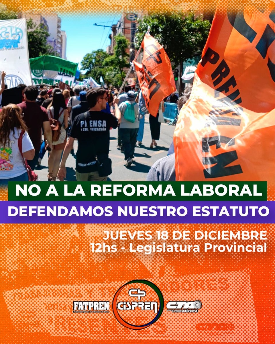 Cispren's tweet image. 📢 Este jueves nos movilizamos en defensa del trabajo y del Estatuto del Periodista
La reforma laboral regresiva de Milei avanza contra derechos conquistados y atenta contra la libertad de expresión 
✊ Defendemos el periodismo y la democracia
🕙 12 hs | 📍 Legislatura de Córdoba