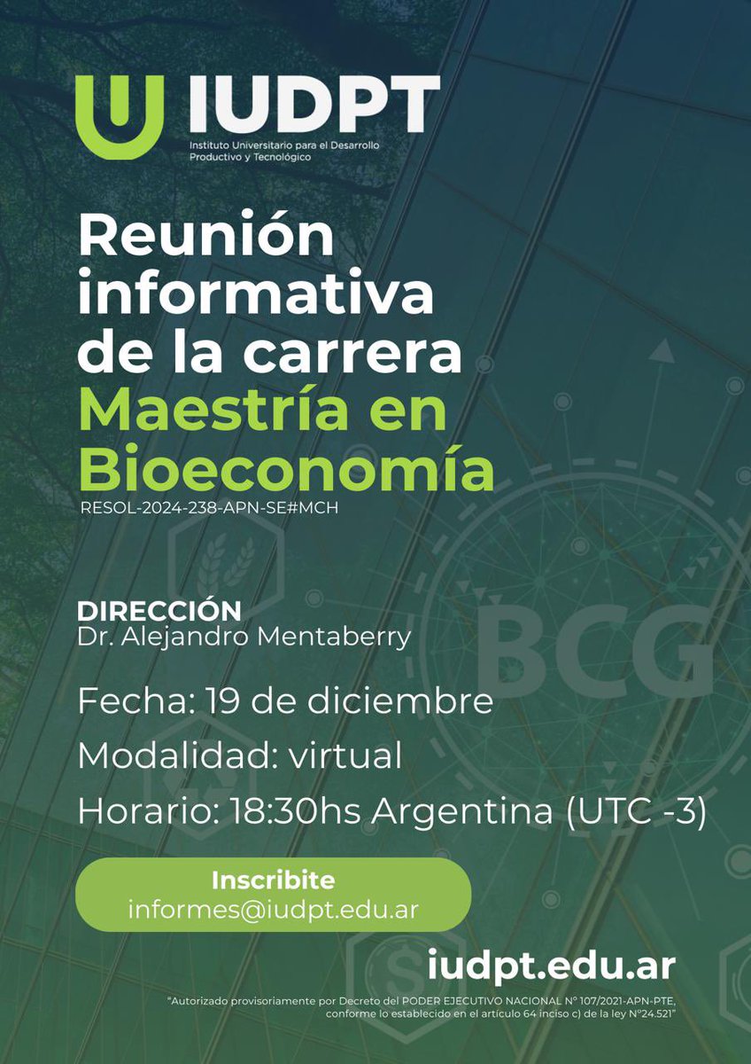 Te invitamos a participar de nuestra reunión informativa virtual junto al Director de la Maestría en Bioeconomía del IUDPT.
Esta instancia te permitirá conocer en detalle el diseño curricular, el perfil del egresado y el alcance de esta propuesta.
us06web.zoom.us/j/88073240815?…