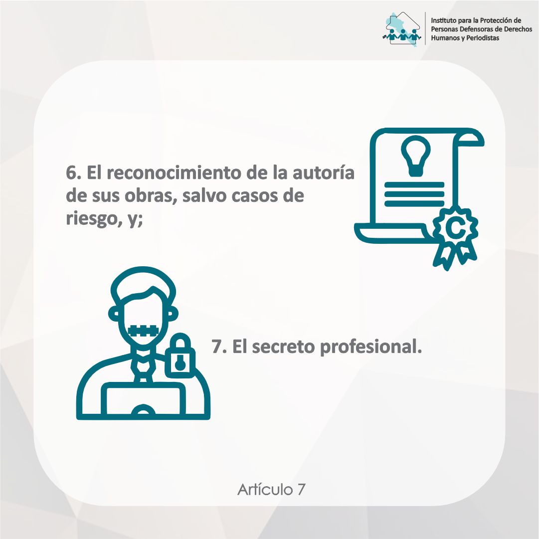 📢 ¿Eres persona #Periodista o defensora de #DDHH?

Conoce los derechos que protegen tu labor en la defensa de los Derechos Humanos y la #LibertadDeExpresión.

📌 Consulta la Ley aquí 👉 goo.su/sR7pQDZ