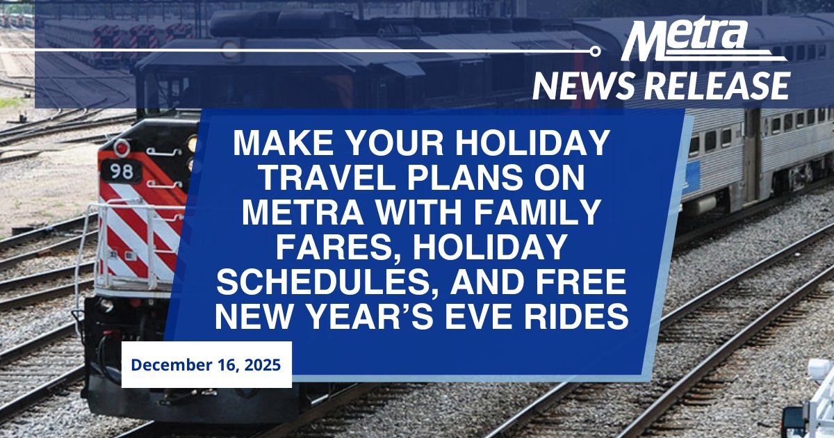 Metra is making it easier to plan your holiday travel by offering Family Fares, special holiday schedules and free rides after 6 p.m. on New Year’s Eve. View the news release: metra.com/newsroom/make-…