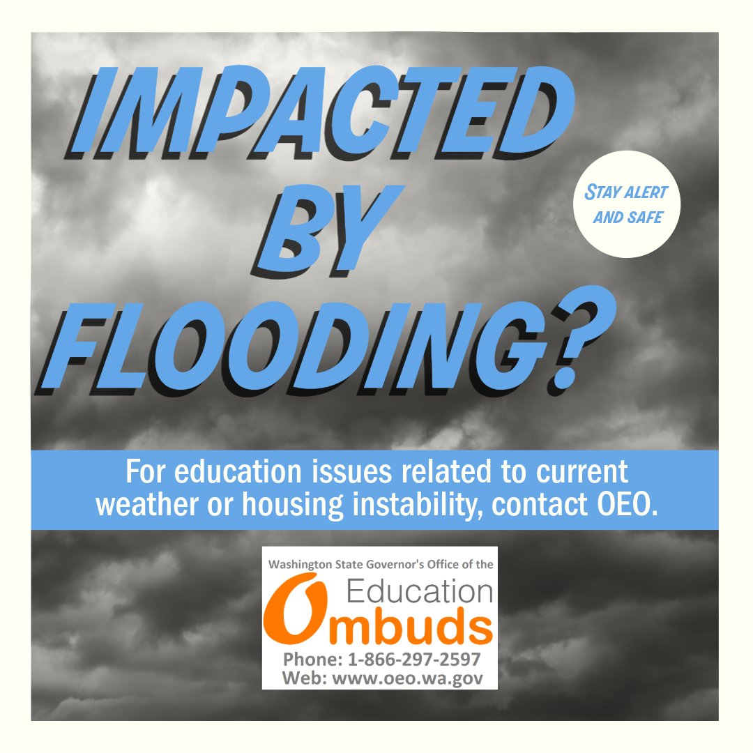 Impacted by flooding in Washington state? OEO staff can help answer education questions, guide you through education processes, and share resources. Phone interpretation is available at 1-866-297-2597, and the website is translated into multiple languages. oeo.wa.gov/en
