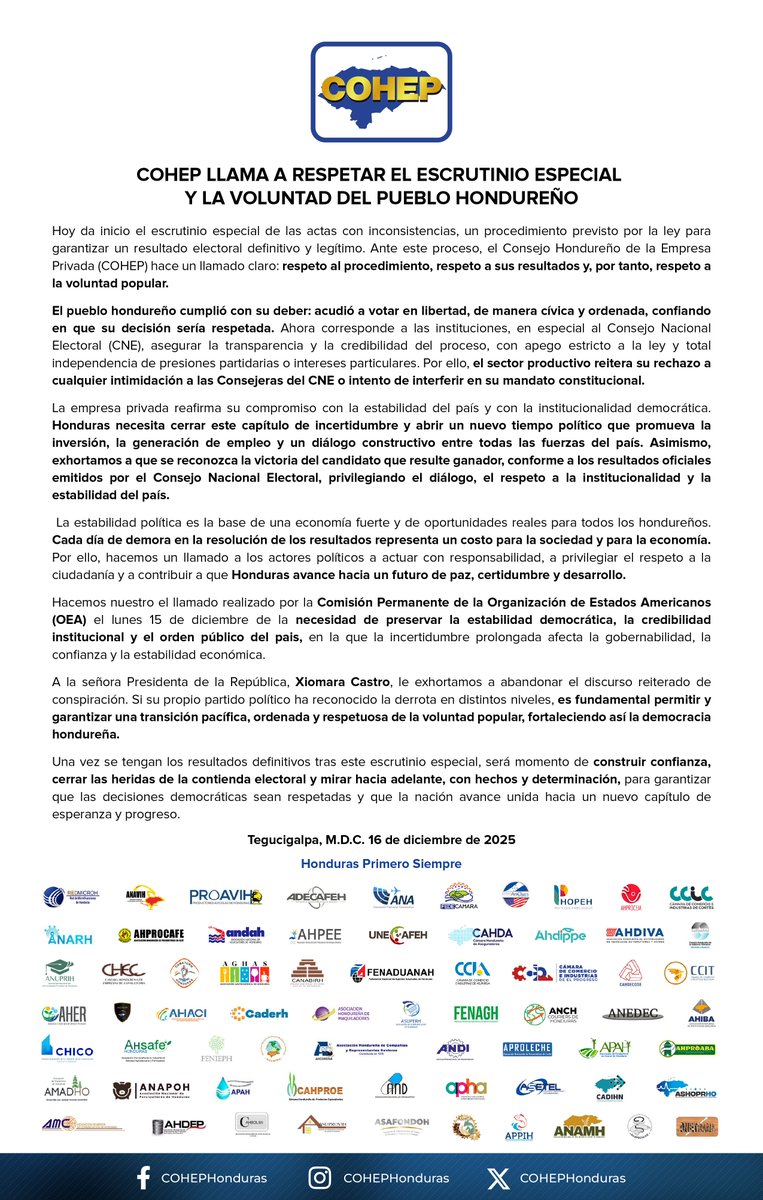 #ComunicadoCOHEP Llamado a respetar el escrutinio especial y la voluntad del pueblo hondureño. 🇭🇳🗳️