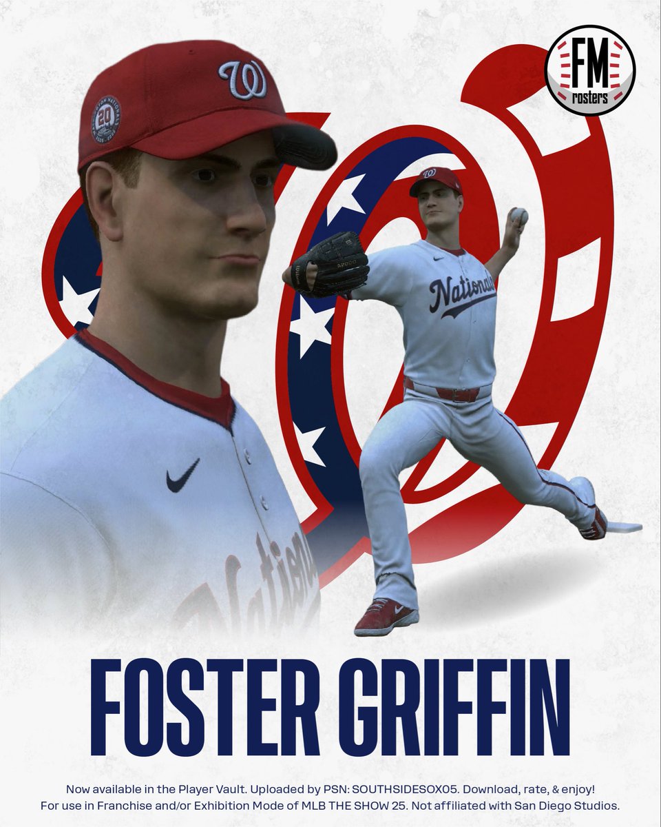 New #Nationals addition Foster Griffin is now in the Player Vault! Ratings are from his last appearance in #MLBTheShow but he does have a heavily modified pitch selection including his new sweeper. Other pitches are based of the data available when he was last in the MLB.