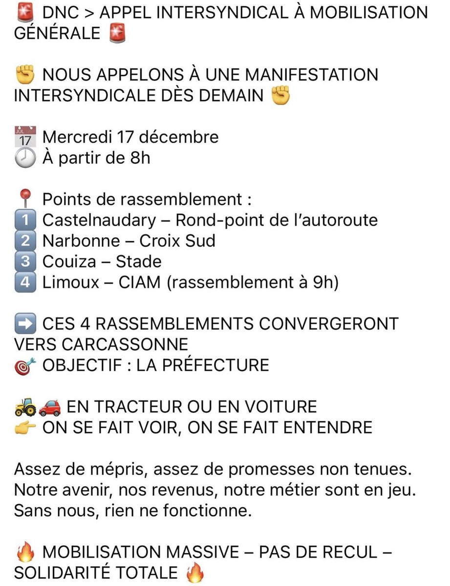 🚨 TOUT LE DÉPARTEMENT DE L’AUDE SERA À CARCASSONNE DEMAIN !

🚜⏳