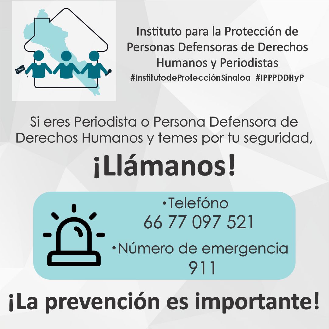⚠️ Si enfrentas agresiones o amenazas derivadas de tu labor como persona #Periodista o defensora de los #DDHH, no estás sola ni solo.

Desde el #InstitutoDeProtecciónSinaloa, podemos brindarte acompañamiento y protección.