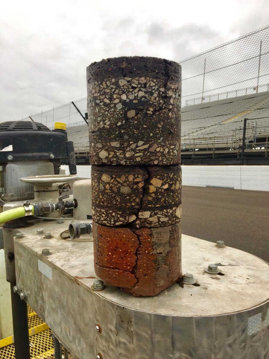 BiancoDavinci's tweet image. This Core Sample From the Track at Indianapolis Motor Speedway Shows 108 Years of paving history starting with brick. Wow