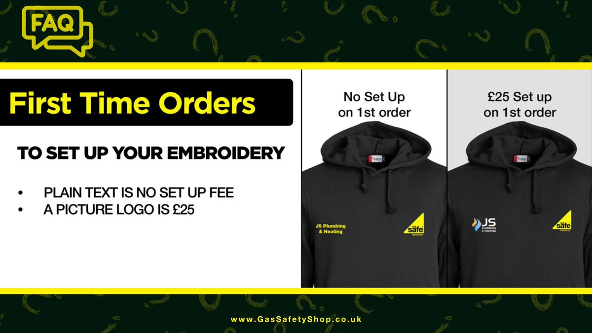 New to ordering? We’ve got you covered! 

FAQs: 
🔍Price? 
🔍How to send your logo? 

Here's what you need to know: 
💡Free text logo embroidery
💡£25 setup for image logos
💡Email your logo (PNG) to online@gassafetyshop.co.uk after ordering  

Got questions? We're here to help!