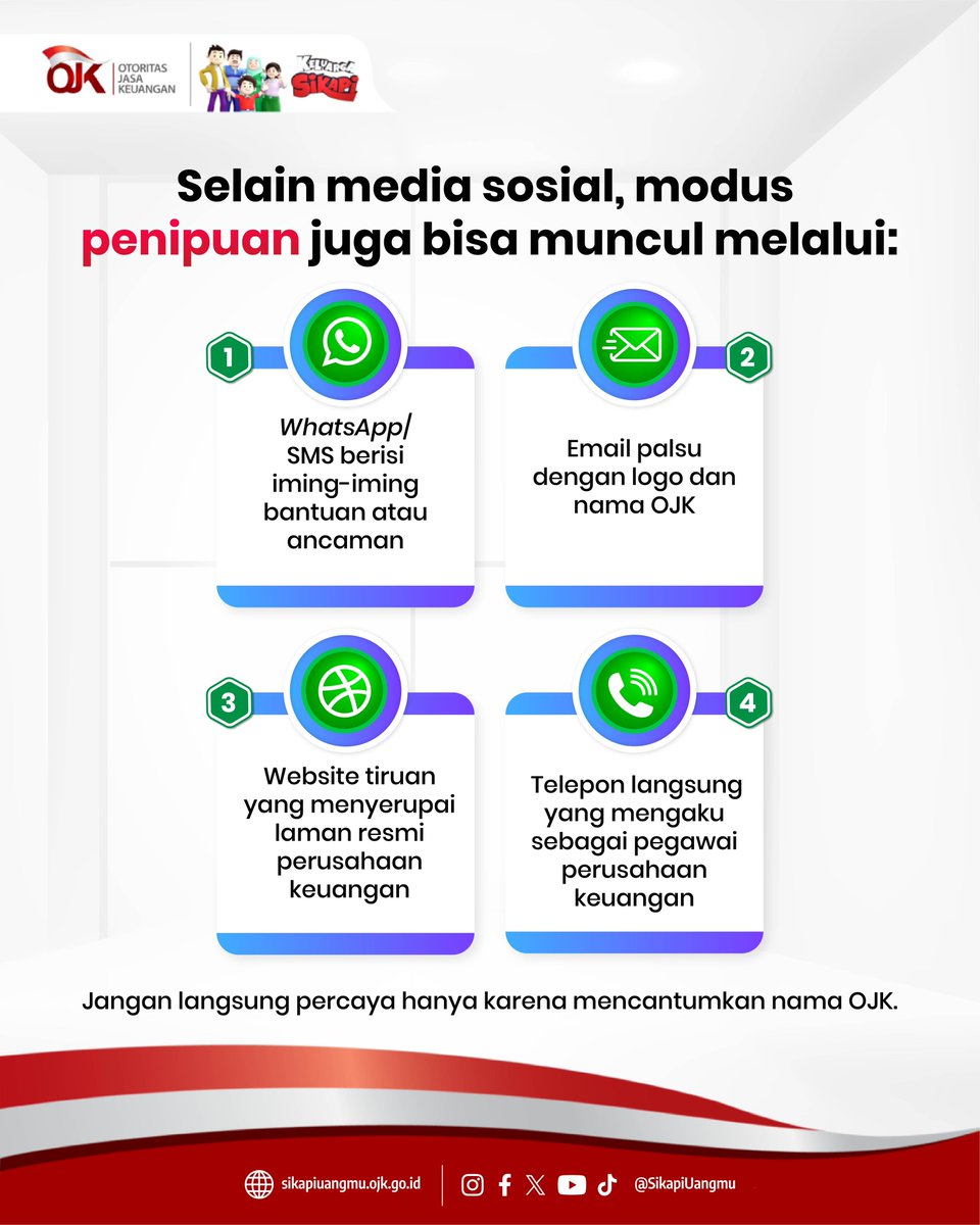 sikapiuangmu's tweet photo. Mengatasnamakan OJK masih jadi salah satu modus penipuan yang sering terjadi. Selalu waspada dan pastikan setiap informasi berasal dari kanal resmi.

Simak penjelasan lengkap ini agar Sobat lebih siap mengenali modus penipuan dan tahu langkah aman yang bisa dilakukan!

#OJK #APPK https://t.co/22xEMIg24D