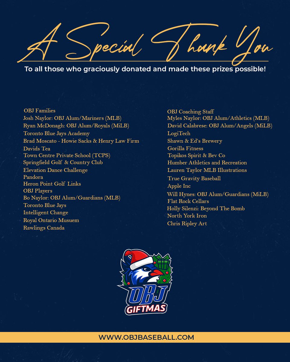 🎄 OBJ GIFTMAS UPDATE 🎄

Ticket sales are CLOSED and the winners will be drawn LIVE on Instagram at 4:00pm tomorrow!

From all of us at the Ontario Blue Jays, thank you to every family, player, coach, alumni, sponsor, and community member who donated prizes, purchased tickets,