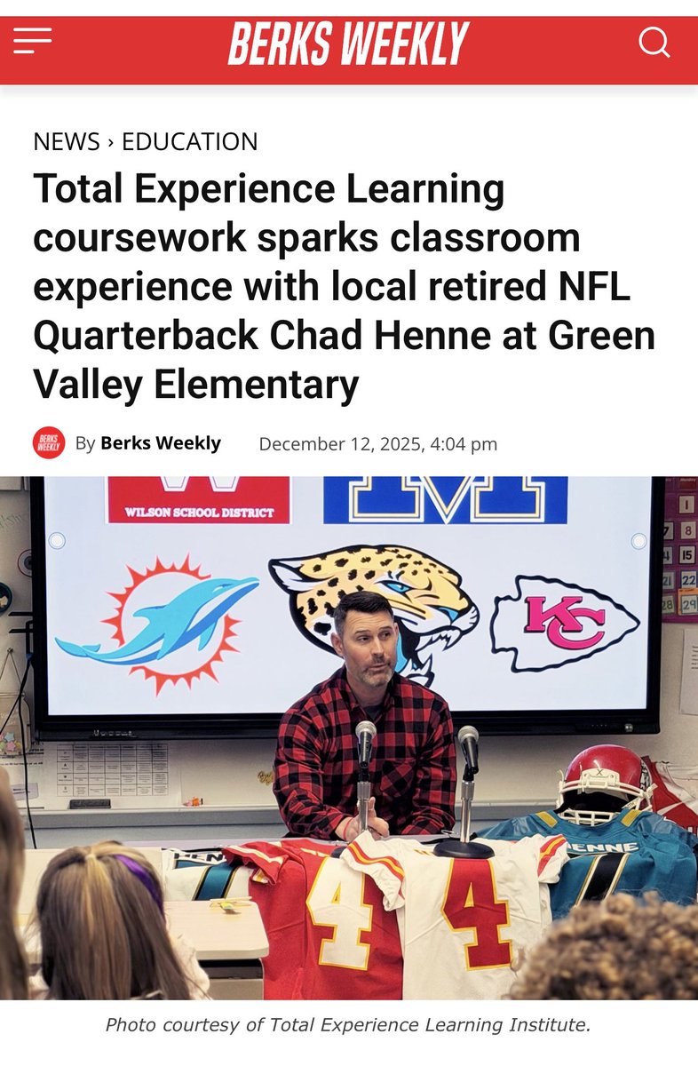 SVSQB's tweet image. That’s our @chadshenne always giving back. 💪🏻
“Total Experience Learning coursework sparks classroom experience with local retired NFL Quarterback Chad Henne at Green Valley Elementary”
 berksweekly.com/news/education…