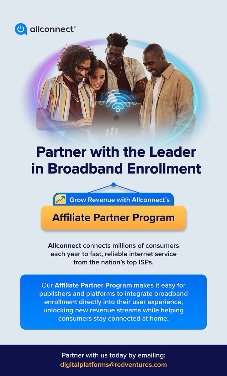 allconnect's tweet image. Power your platform with smarter connectivity. 

Allconnect’s Affiliate Partner Program delivers broadband enrollment backed by leading internet providers. Contact digitalplatforms@redventures.com to get started. 

#Allconnect #PartnerWithUs