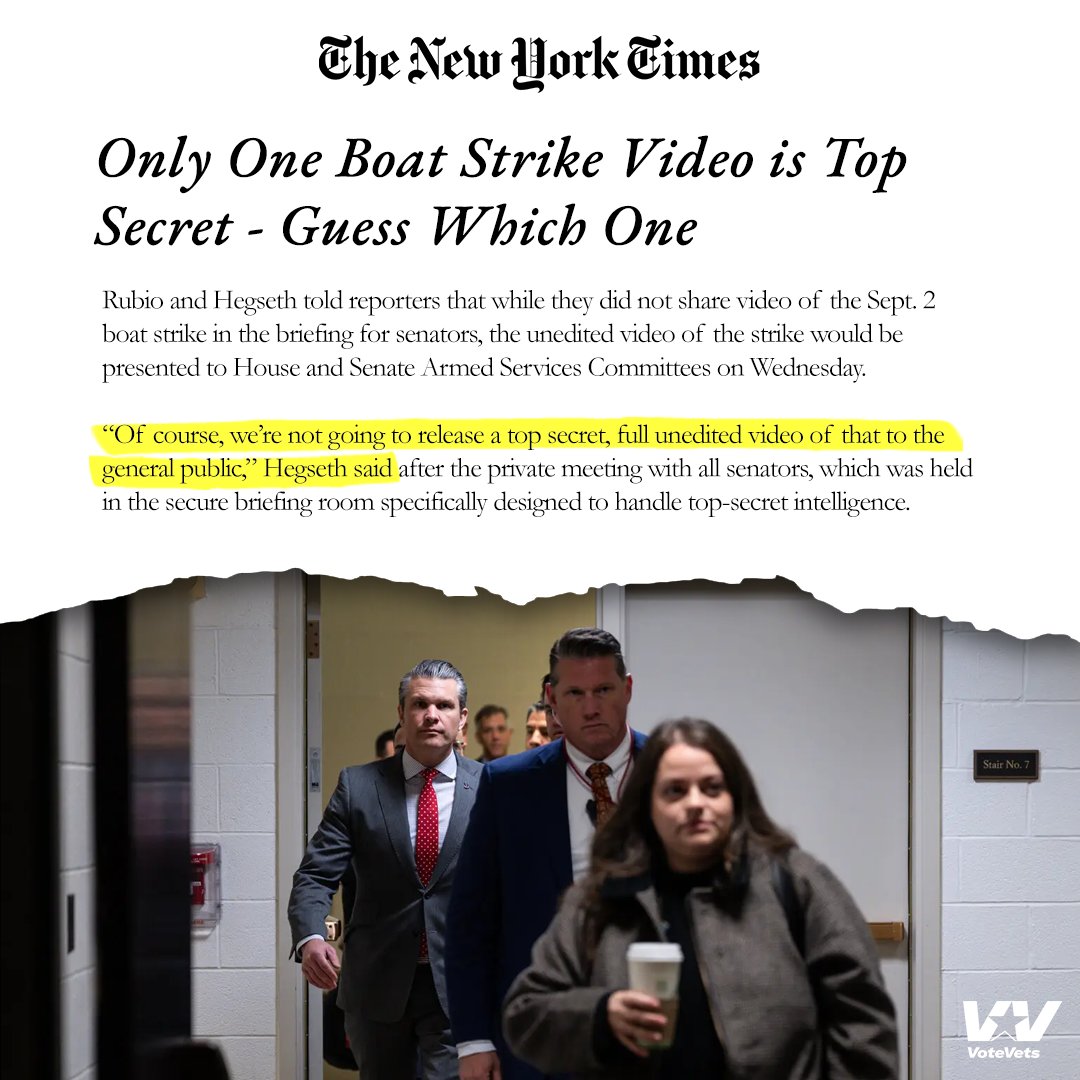LOL. If you're keeping score at home, Hegseth has released every strike video -- including the first strike on this boat -- but claims the murder/war crime video is "top secret."