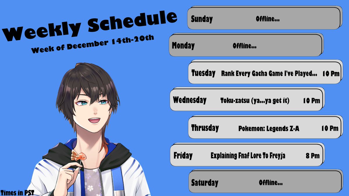 cisco_ren's tweet photo. Weekly Schedule: Dec 14th-20th!

Long overdue but here's an actual schedule for the first time in a while!

 Also, My first Collab on stream will be this Friday with my close friend @fufureia ! Please drop by and Support! https://t.co/fUDz7BB6Lm