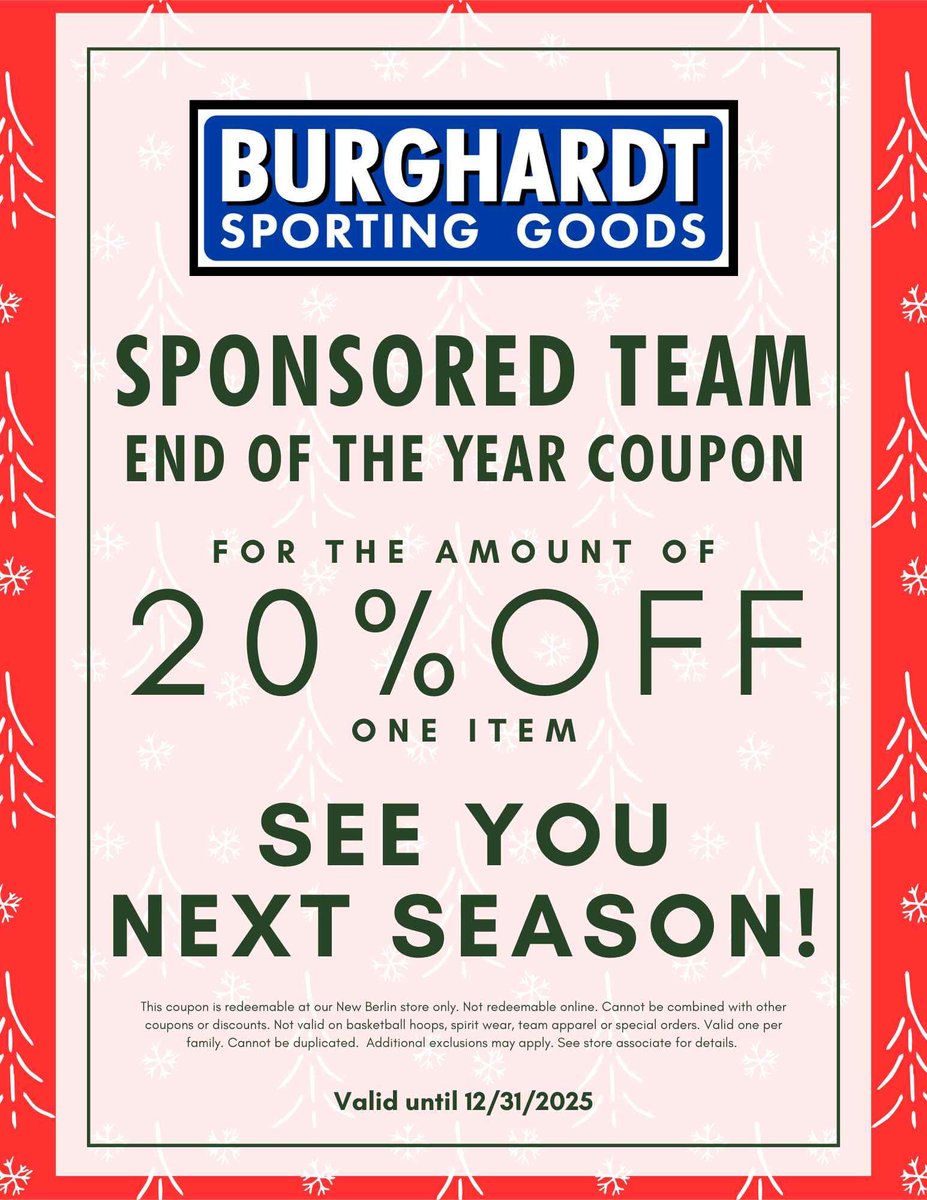 Good news...
You have 20% off one item at Burghardt Sporting Goods! 🙌⚾️🥎

#OconomowocAreaBaseballClub #burghardtsportinggoods #sponsoredteam #happyshopping