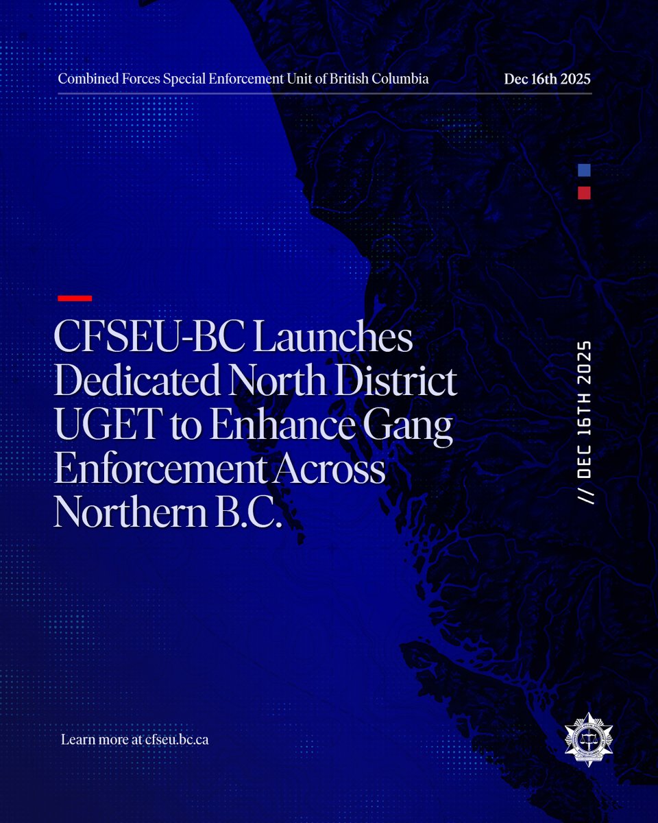 cfseubc's tweet photo. CFSEU-BC is launching the North District UGET to strengthen gang enforcement across Northern B.C. Since 2023: $1.25M seized, 192 firearms, 194 kg drugs, 1,500+ weapons.
Operational in 2026.
#CFSEUBC #UGET #NorthernBC https://t.co/qXwsvGriXR