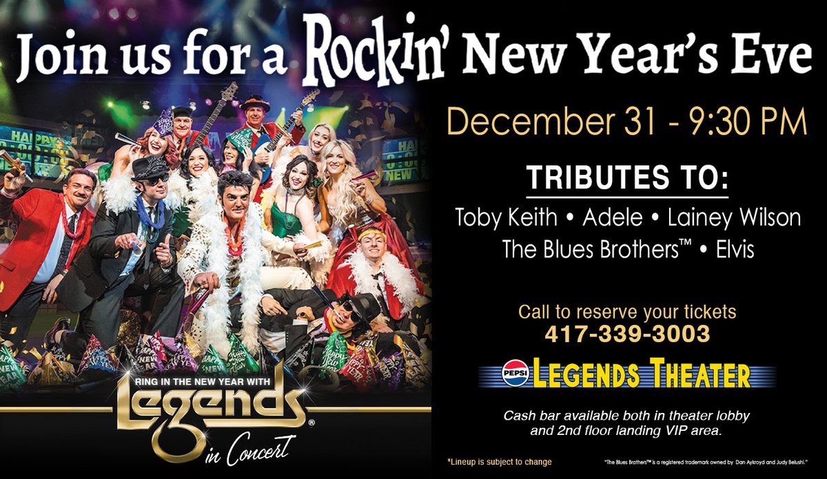 Join us for a rockin’ New Years Eve featuring tribute performances by Adele, Toby Keith, Lainey Wilson, Kenny Chesney, The Blues Brothers™, and Elvis Presley! The show starts at 9:30 pm and ends with a countdown at midnight. Party favors are included, along with food and drink