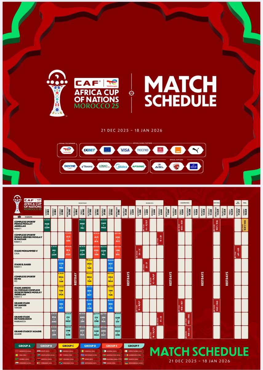 AtlasLionStore's tweet photo. Calendrier des matchs ⚽️ CAN2025 🇲🇦 https://t.co/NAHAoN7gTd