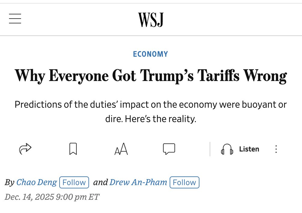BrianCAlbrecht's tweet image. Oh god. another one of these. Do I really have to respond to another one of these? No. I don't?

Well I will anyways.

The framing is both Trump AND economists blew it. Egg on the face of both sides.

The piece sets up "TRUMP" predictions vs. "ECONOMISTS" predictions across six…