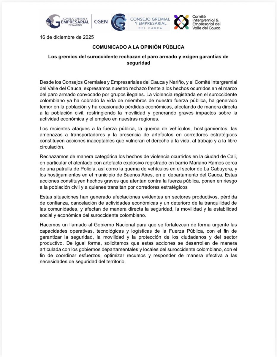 Rechazamos de manera categórica el paro armado y los hechos de violencia que afectan al suroccidente colombiano. Exigimos garantías de seguridad, protección a la vida, la movilidad y la actividad productiva. El país necesita orden, legalidad y tranquilidad.