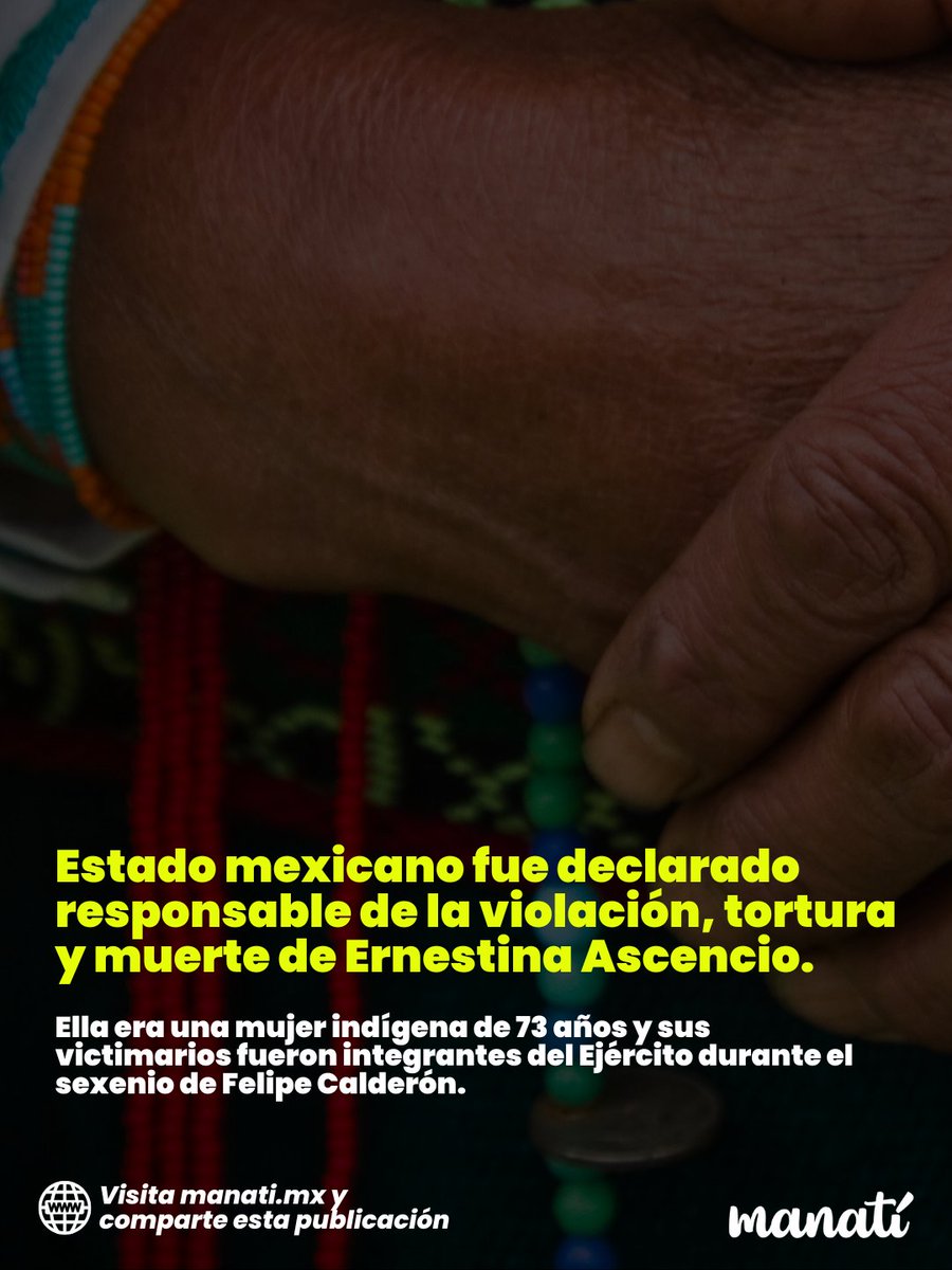 ⚡️La Corte Interamericana de Derechos Humanos declaró que el Estado mexicano es responsable de la violación, tortura y muerte de Ernestina Ascencio, mujer indígena de 73 años.

Los delitos fueron cometidos en 2007 por miembros del Ejército, durante el sexenio de <a href="/FelipeCalderon/">Felipe Calderón 🇲🇽🇺🇦</a>.