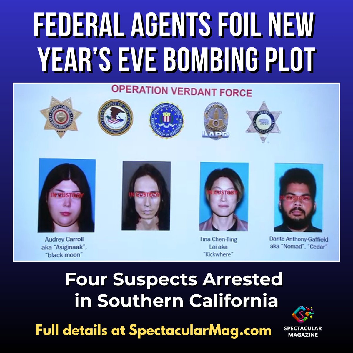 Federal agents say they stopped a New Year’s Eve bombing plot in SoCal, arresting 4 suspects tied to an extremist anti-government group.
<a href="/FBI/">FBI</a> says the group was rehearsing with bomb-making materials in the desert.
Full story:  spectacularmag.com/2025/12/16/fed…
#SpecMagNC #terrorist