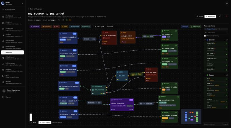 Complex data transformation flows made simple.

This screenshot shows our DAG-based mapping in reDB  — a clear, visual way to view and define how data moves and transforms across databases and streams. Every source, target, validation, rule, and transformation is represented as a