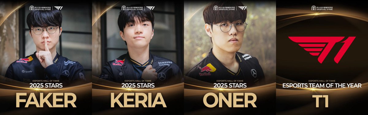 Three T1 🇰🇷 players have been selected as STARS for KeSPA 2025 eSports Hall of Fame. Here are their total number of STARS:

Faker ⭐️⭐️⭐️⭐️⭐️⭐️⭐️
Keria ⭐️⭐️⭐️⭐️
Oner ⭐️⭐️⭐️

STARS are selected through fan voting and are the most popular players of the year. T1 also won TOTY 2025.