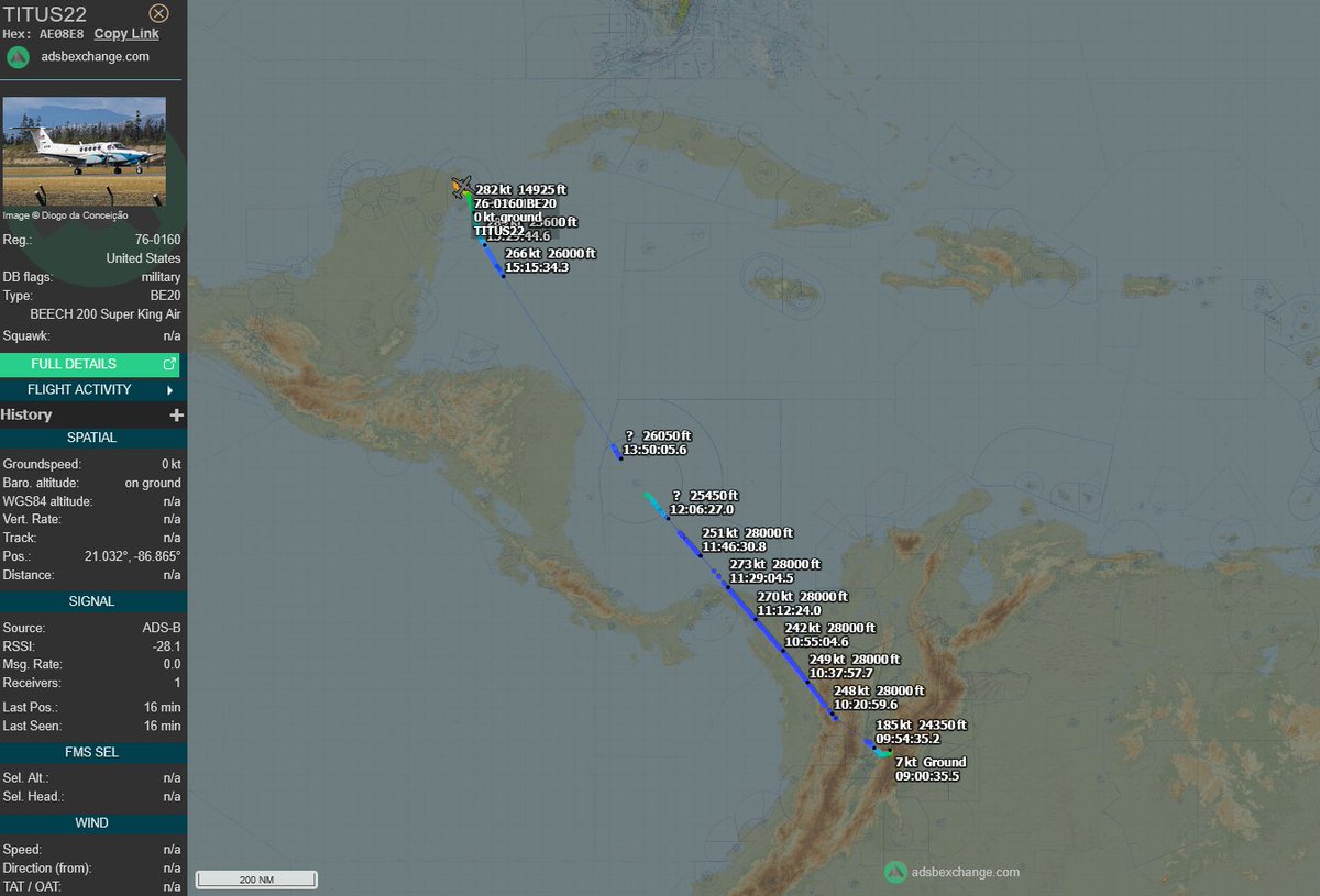 prefix64's tweet image. C-12C | TITUS22 | #AE08E8 | 76-0160
Bogotá (SKBO) → San Andrés Island (SKSP) → Cancún (MMUN)

Executive Beechcraft C-12C Huron, commonly used for U.S. Embassy support missions in Colombia, including personnel transport and liaison operations.