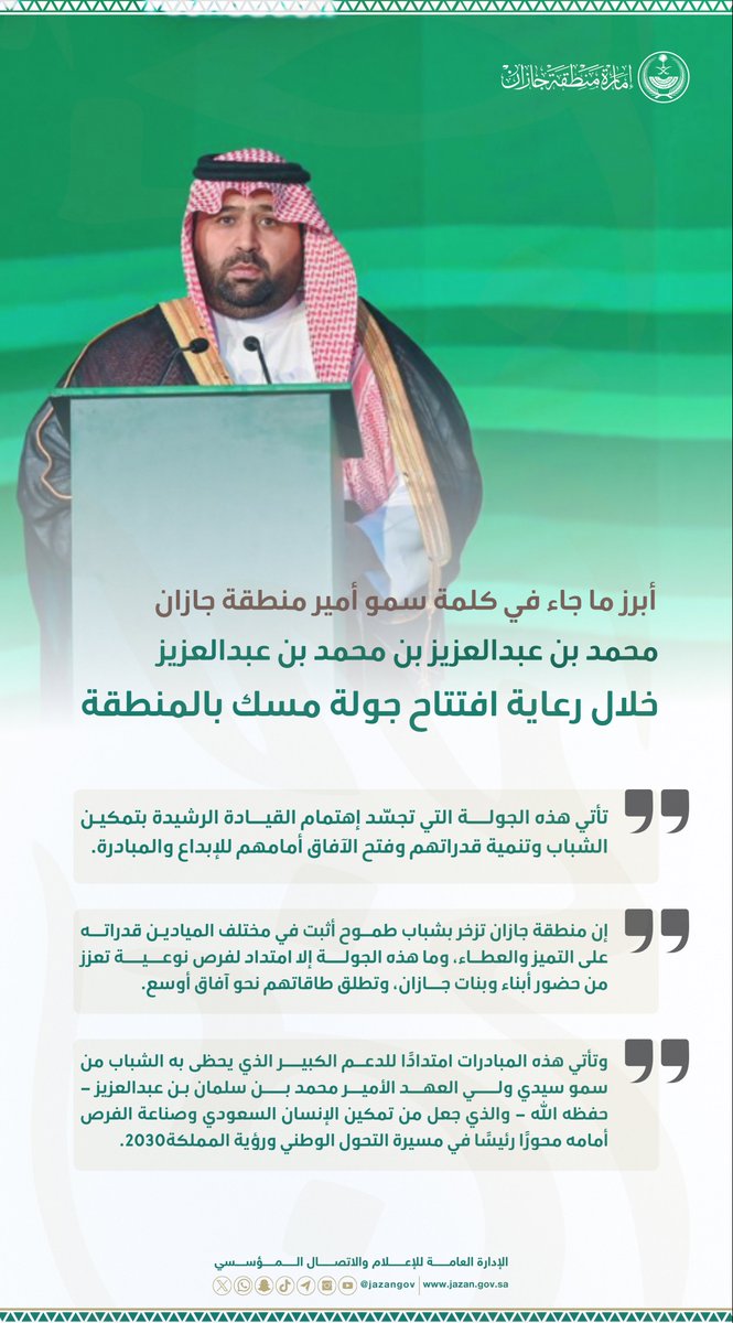 #إنفوجرافيك_إمارة_جازان

أبرز ما جاء في كلمة سمو أمير منطقة جازان 
#محمد_بن_عبدالعزيز
خلال رعاية حفل افتتاح #جولة_مسك بالمنطقة.
