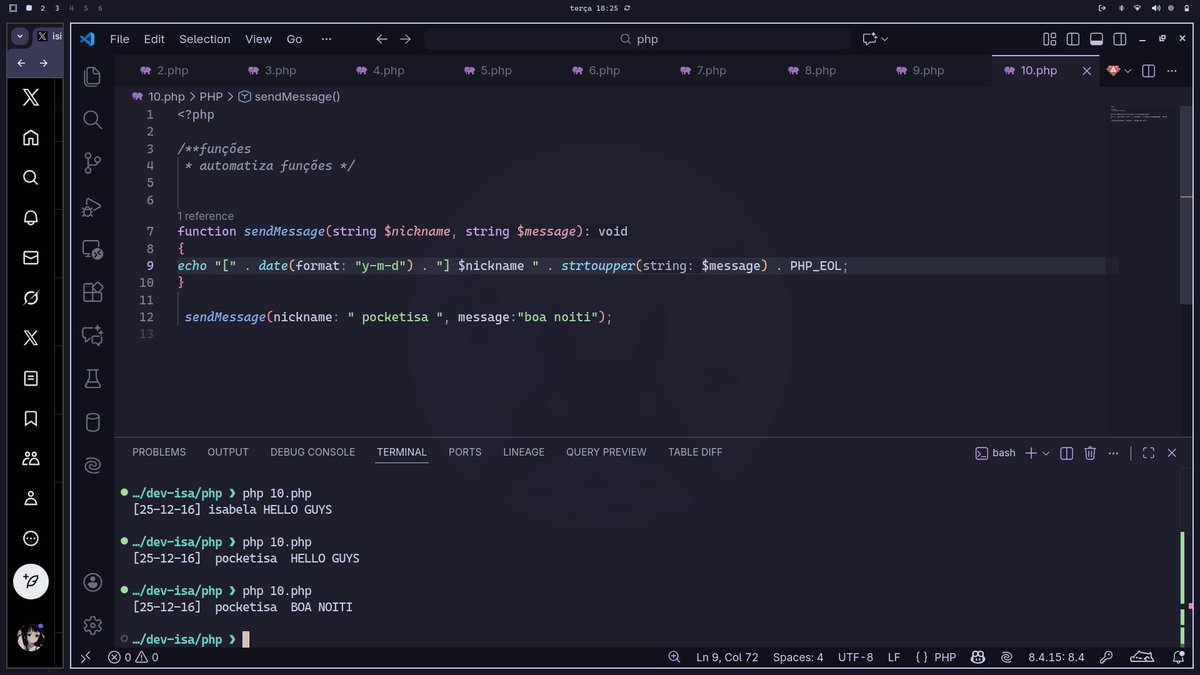 pocket_isa's tweet image. [24/100] #100DiasDeCodigo 

hoje ainda na parte de php e logica de programação vi um pouco mais do básico, com funcionalidades como  coalescência nula, laço for, while e foreach e funções.
 
 o tempo tá voando, logo mais é o fim dos 100 dias!!!🫡