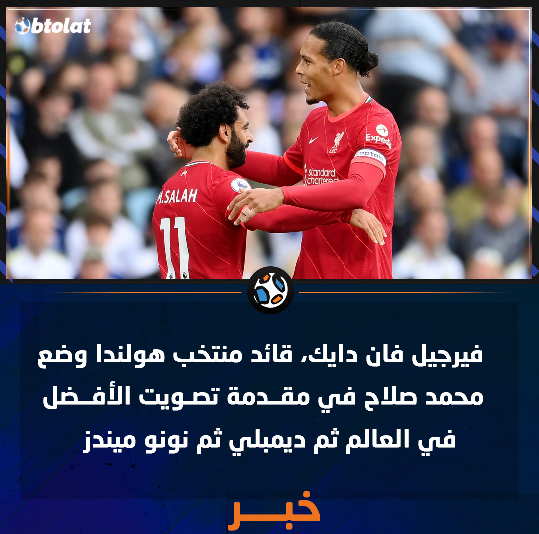 فيرجيل فان ديك، قائد منتخب هولندا وضع محمد صلاح في مقدمة تصويت الأفضل في العالم ثم ديمبلي ثم نونو ميندز 
