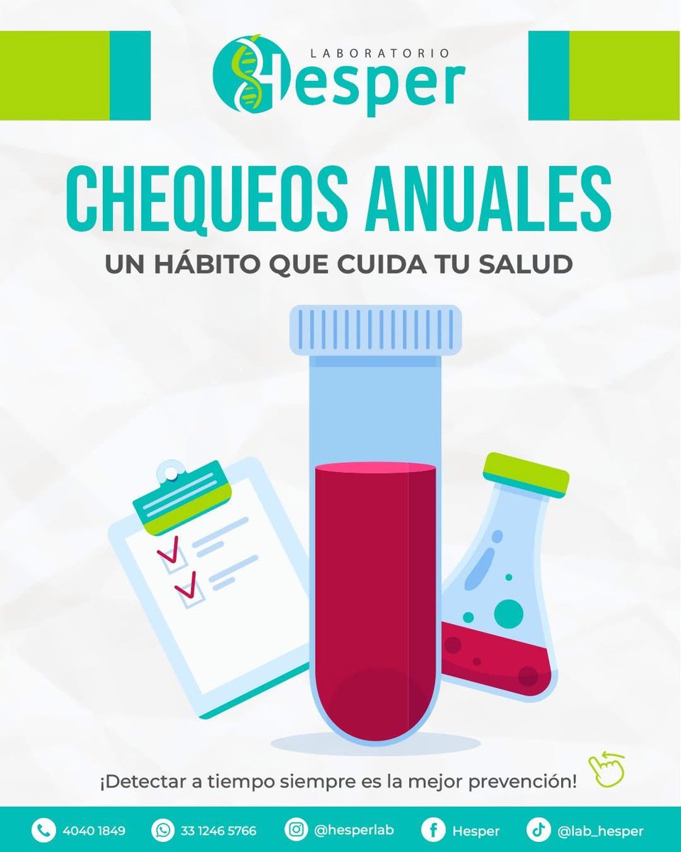 Hesperlab's tweet image. 𝗨𝗻 𝗲𝘀𝘁𝘂𝗱𝗶𝗼 𝗵𝗼𝘆 𝗽𝘂𝗲𝗱𝗲 𝗽𝗿𝗲𝘃𝗲𝗻𝗶𝗿 𝘂𝗻 𝘁𝗿𝗮𝘁𝗮𝗺𝗶𝗲𝗻𝘁𝗼 𝗺𝗮𝗻̃𝗮𝗻𝗮 ✨ 

Hazte un chequeo, cuida tu cuerpo y mantén tu salud al día. En 𝗟𝗮𝗯𝗼𝗿𝗮𝘁𝗼𝗿𝗶𝗼 𝗛𝗲𝘀𝗽𝗲𝗿 te acompañamos con resultados confiables y atención profesional.