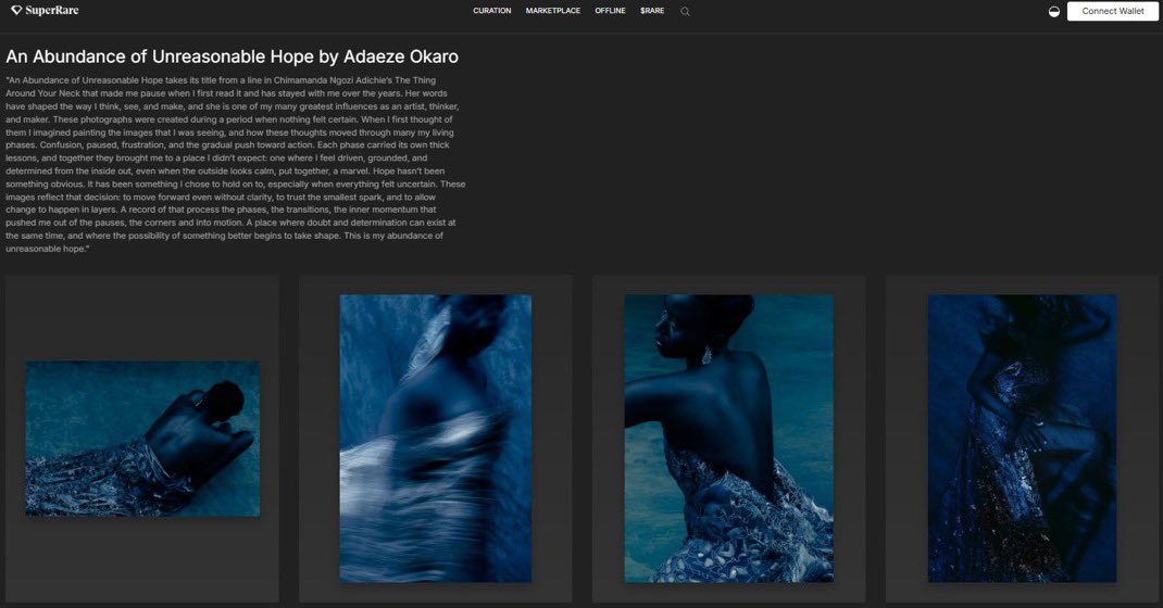 adaezeokaro's tweet image. Feeling very grateful to see An Abundance of Unreasonable Hope on the @SuperRare homepage.
Thank you @SuperRare for the love and support!

I’m really looking forward to more people connecting with this series. Grateful to everyone who already has.

Link ⇣