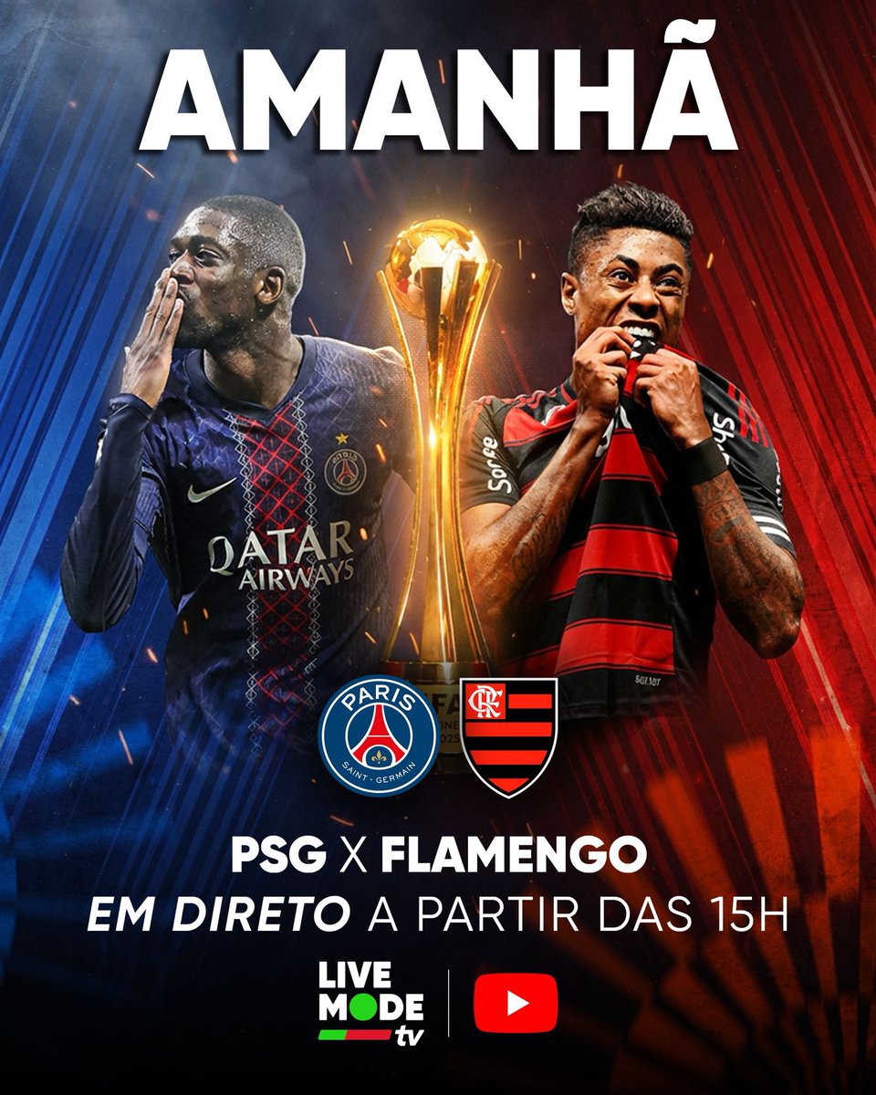 Amanhã temos PSG x Flamengo grátis no YouTube da LiveModeTV. Começa às 15h, junto-me a vocês para os comentários ao jogo. É o primeiro no canal. Vamos a isso.