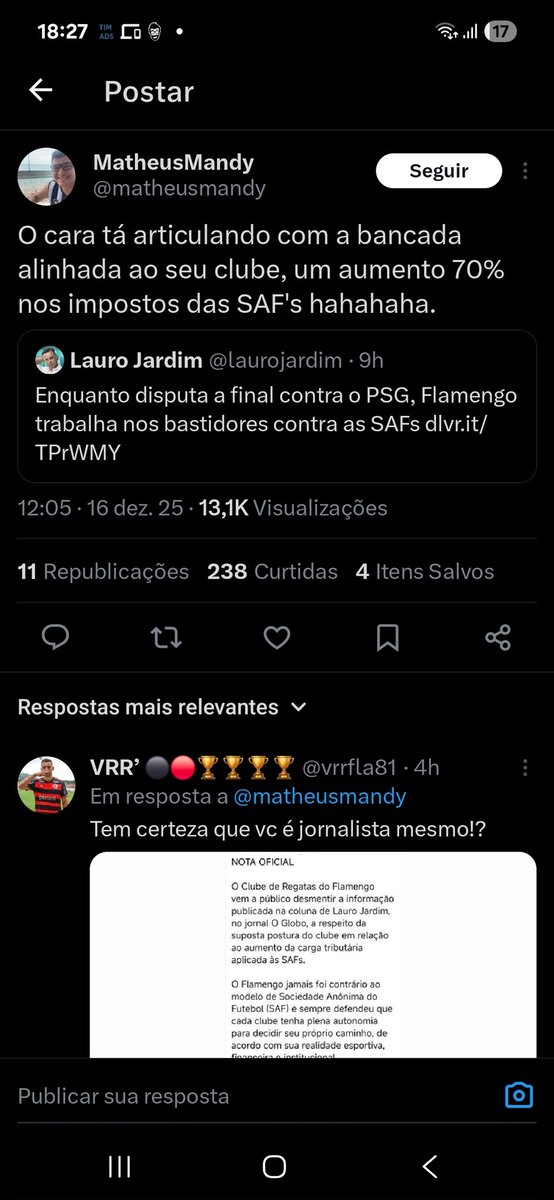 Esse é o típico exemplo do engajamento pelo ódio jornalista posta fake, as torcidas rivais se revolta e mesmo primeira resposta e a nota do Flamengo dizendo ser mentira não adianta o estrago está feito, virou a verdade que o malvadão quer acabar com as SAF.