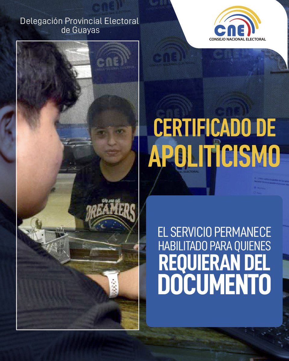 Se mantiene habilitado el servicio de emisión del Certificado de Apoliticismo, con atención normal a la ciudadanía.