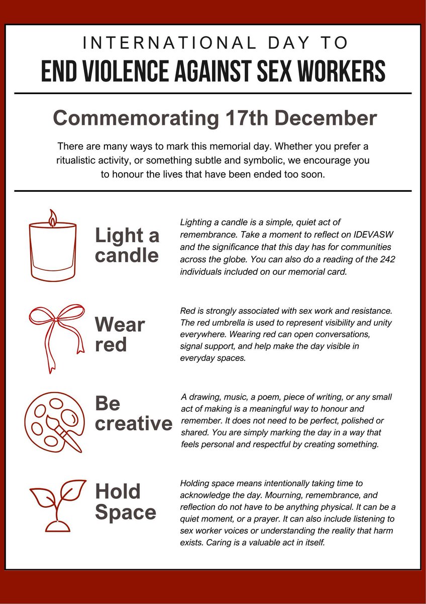 🕯️17th December is the International Day to End Violence Against Sex Workers. 

We have prepared resources for those who wish to remember alongside us:
nationaluglymugs.org/international-… 

Please share ❤️

#IDEVASW #IDEVASW25 #DoMoreThanSayTheirNames