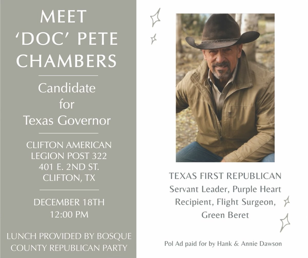 DocPete4Texas's tweet image. Flyers for upcoming events Doc will be at on the 18th and the 20th! Come out and see us in Clifton on the 18th and Robinson on the 20th!