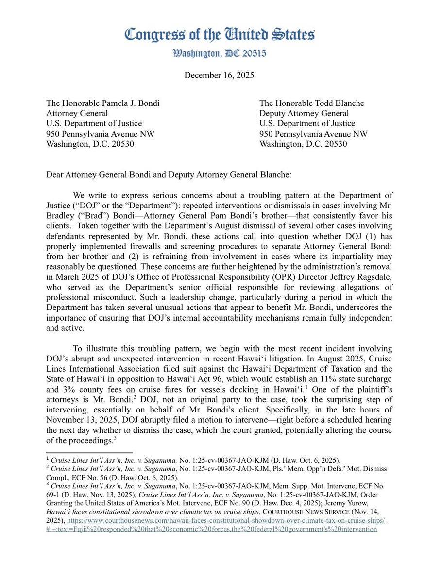Attorney General Pam Bondi’s brother and his corporate clients keep benefitting from unusually favorable outcomes on cases before the Justice Department. 

It doesn’t pass the smell test. 

<a href="/CongressMin/">Rep. Dave Min</a> and I are demanding answers. 

Read our letter: