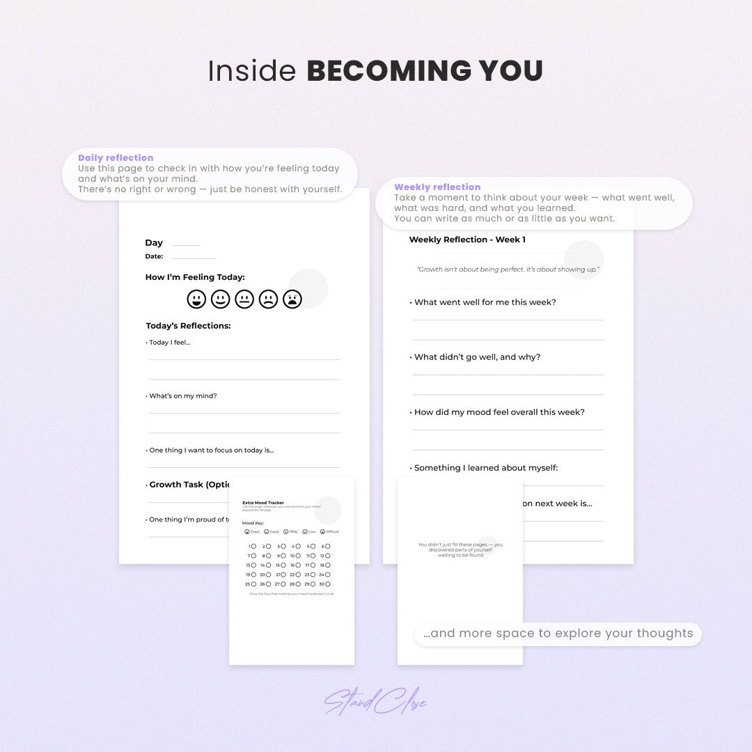 Inside “Becoming You”.

A guided Journal created to support teenagers as they reflect, understand their thoughts and grow in confidence, at their own pace.

Available now on Amazon. 
Link in bio.

#mentalhealth