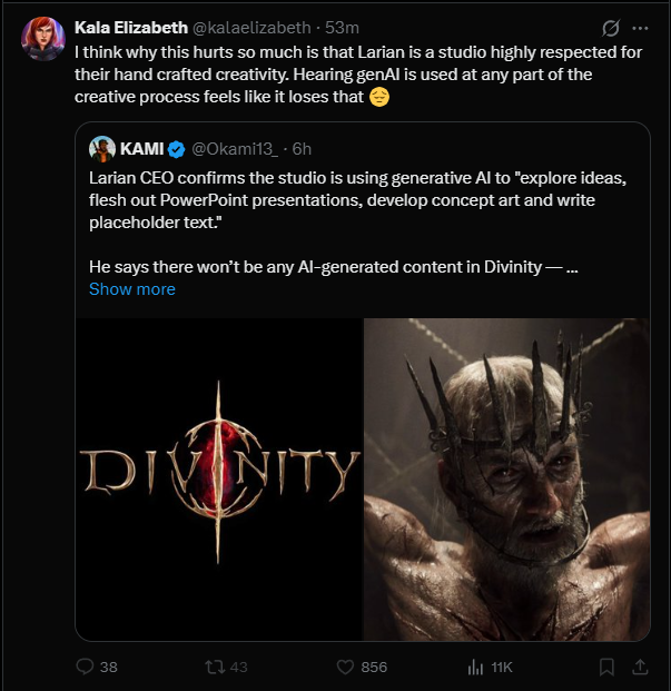 nuhre_'s tweet image. How are you going to drag Larian for minimal AI tool use when games like BG3 and Veilguard used them too?
Larian has been crystal clear about how they use AI: to make their staff’s jobs more manageable.
The opinion-flipping depending on the wind is infuriating—especially when…